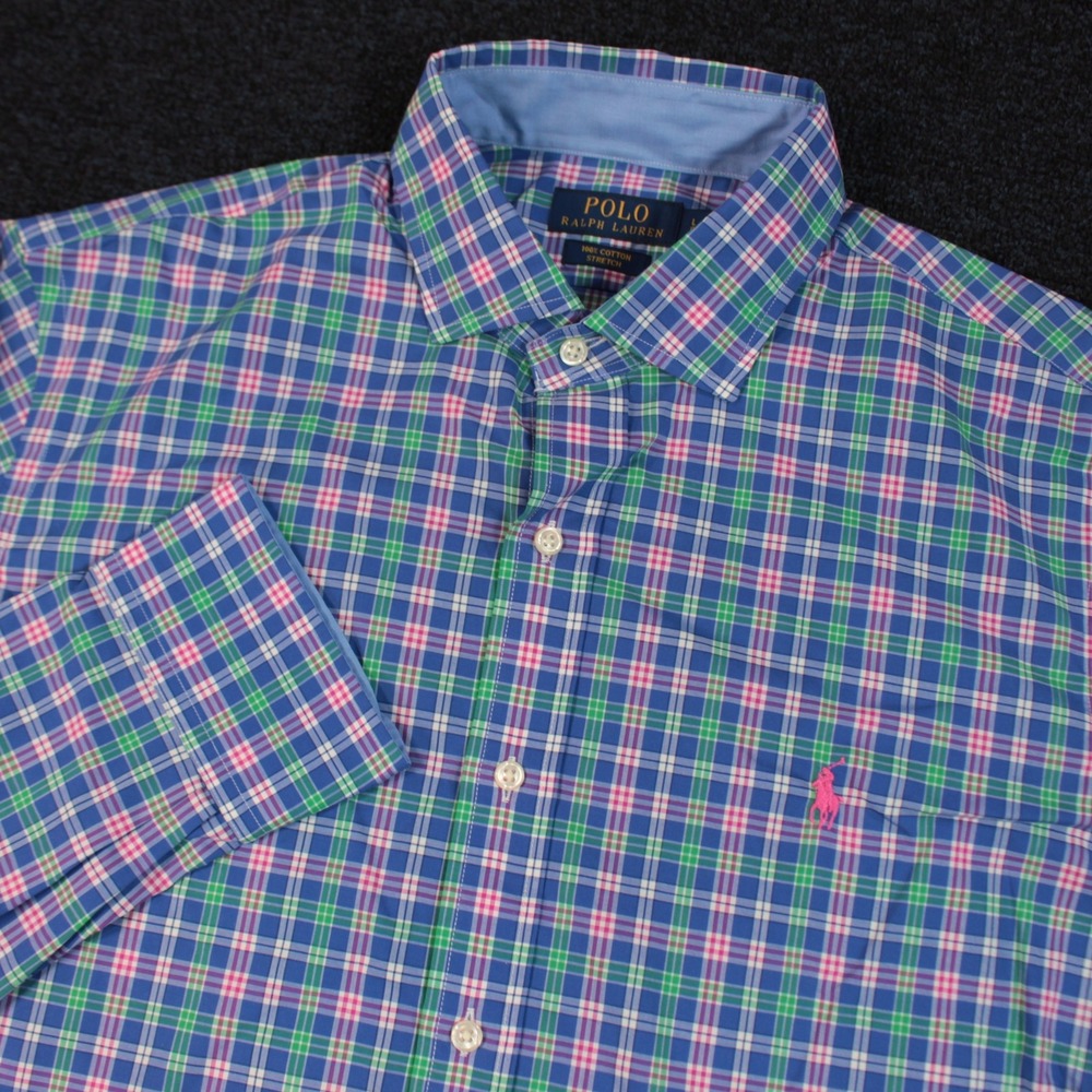 Polo Ralph Lauren Button Down Shirt Mens Large Blue Green Pink Plaid Stretch